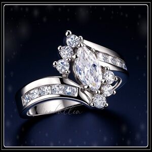 New 925 Simulated Diamond Marquis Cluster baguette silver cocktail ring